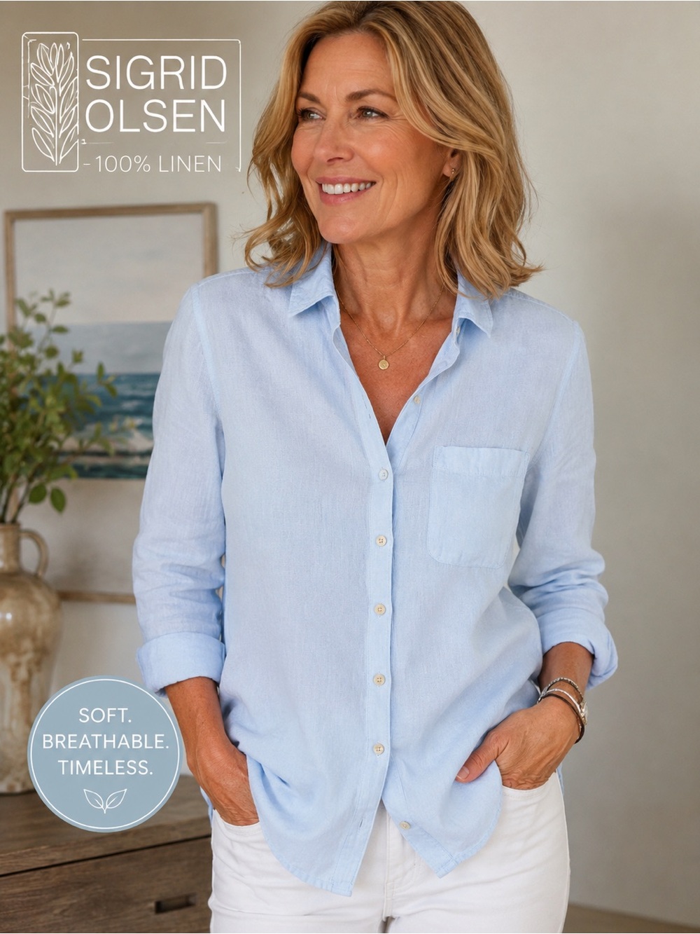 Sigrid Olsen 100% Linen Button Front Shirt Baby Blue Size Medium Coastal Cottage